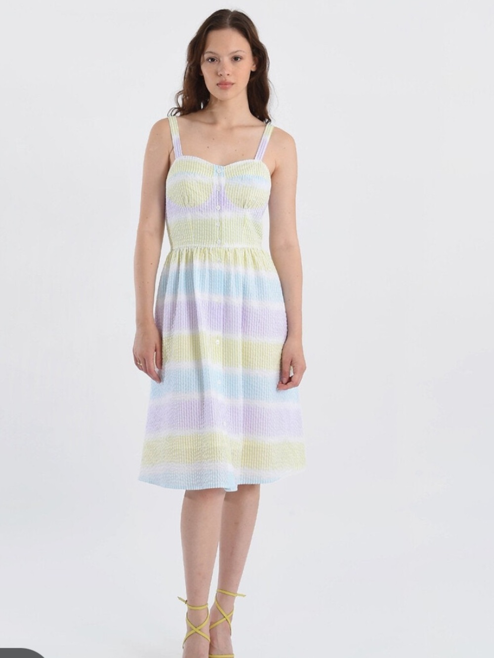 Lili Sidonio Pastel Stripe Seersucker Sundress in Yellow, Lavender & Blue Medium